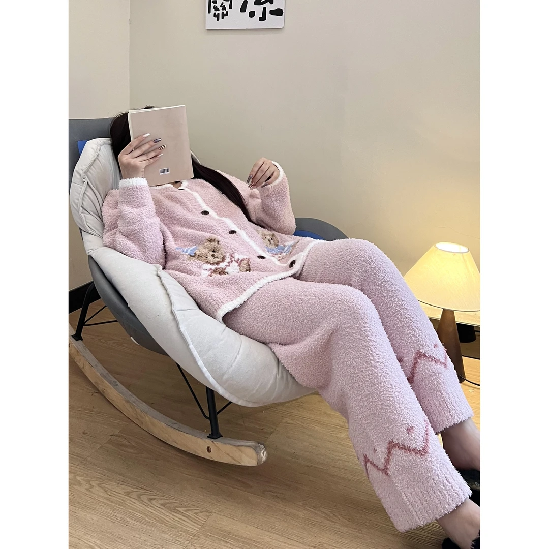 甜美可爱减龄粉嫩小熊半边绒睡衣女冬季加绒加厚保暖宽松遮肉套装