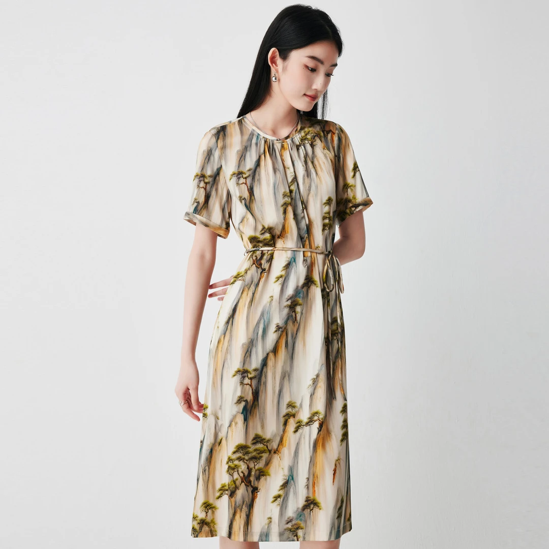 【19姆米弹力缎】夏季收腰显瘦山水印花连衣裙ES2F0901Z
