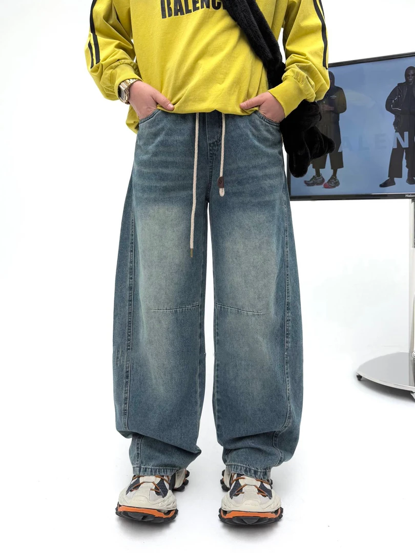 1829 春季美式休闲高街宽松阔腿复古水洗大直筒裤潮