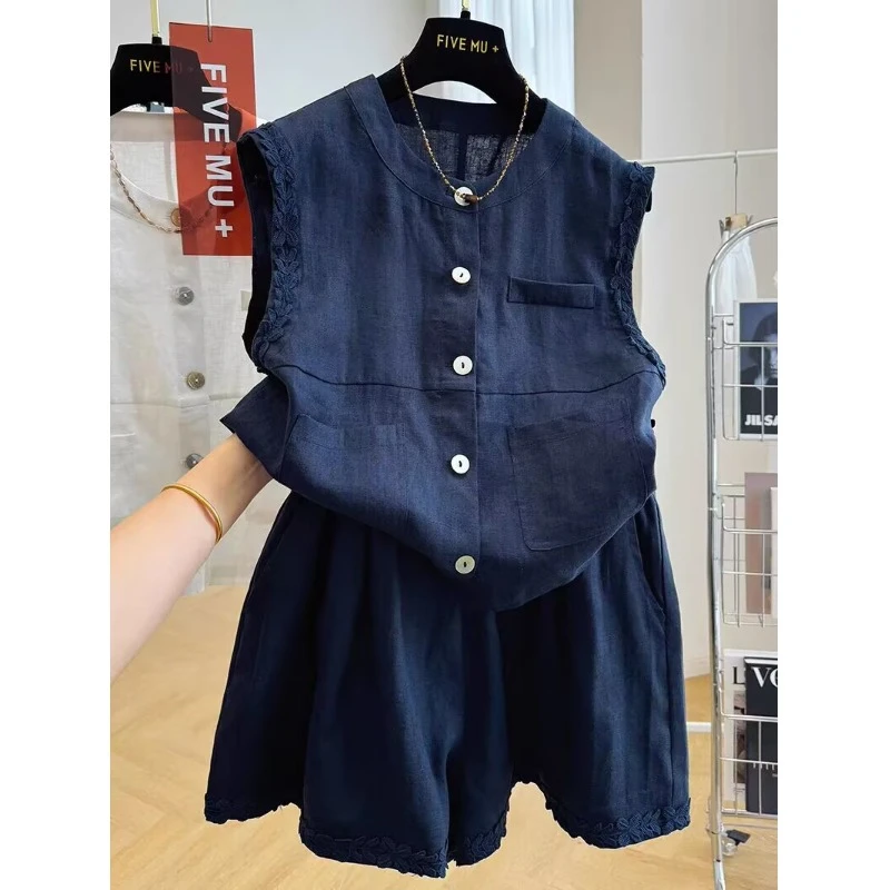 洋气时尚减龄亚麻无袖背心套装女夏季时尚大码高端短裤休闲两件套