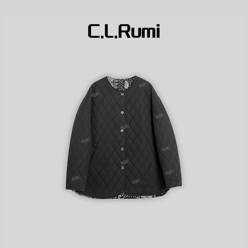 【燕子福利】umi“魅影黑”宽松保暖拼色菱格腰果花棉衣外套6453wt