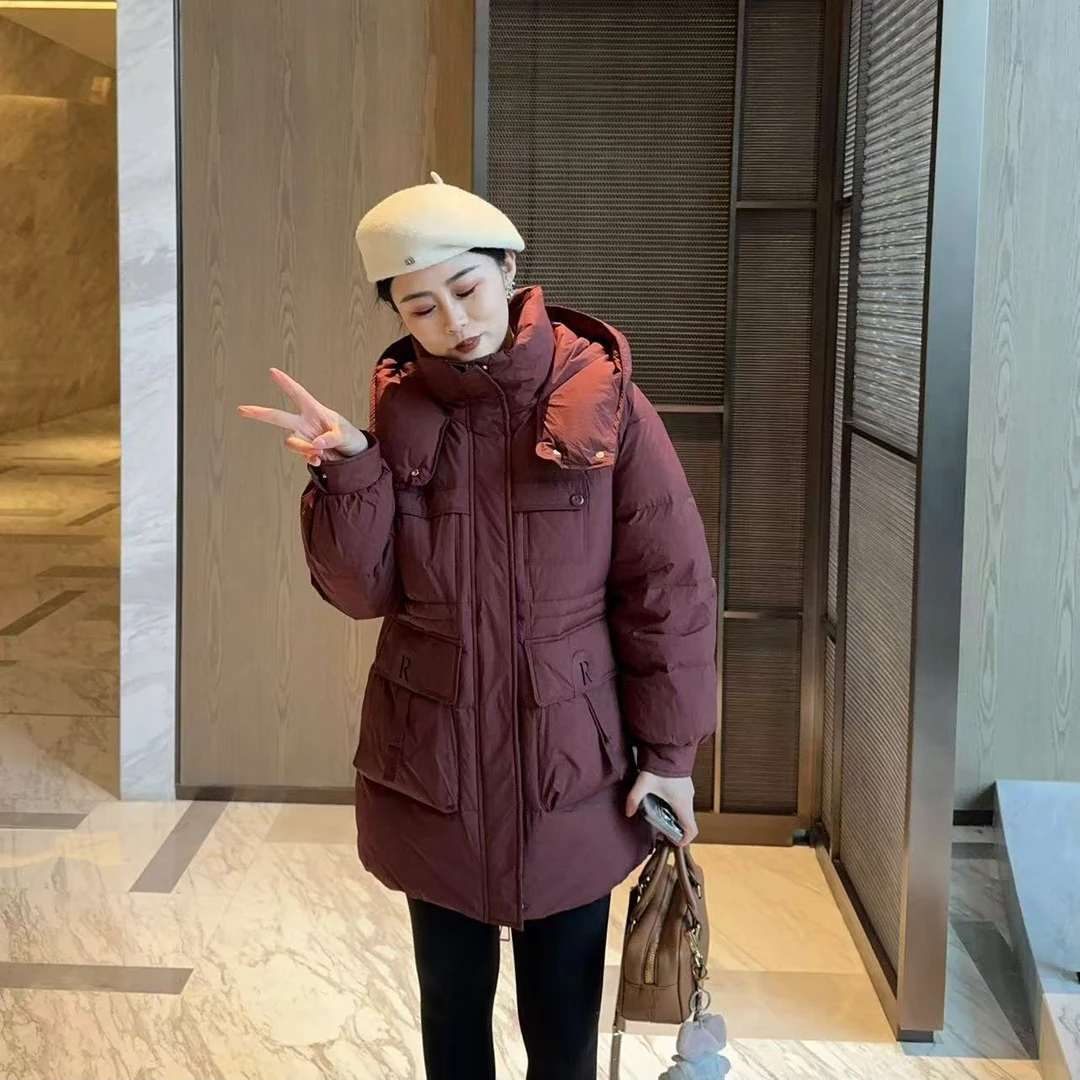 玳妮【R字母羽绒】冬季 连帽大口袋飘带羽绒服灯篓袖时尚中长面包服