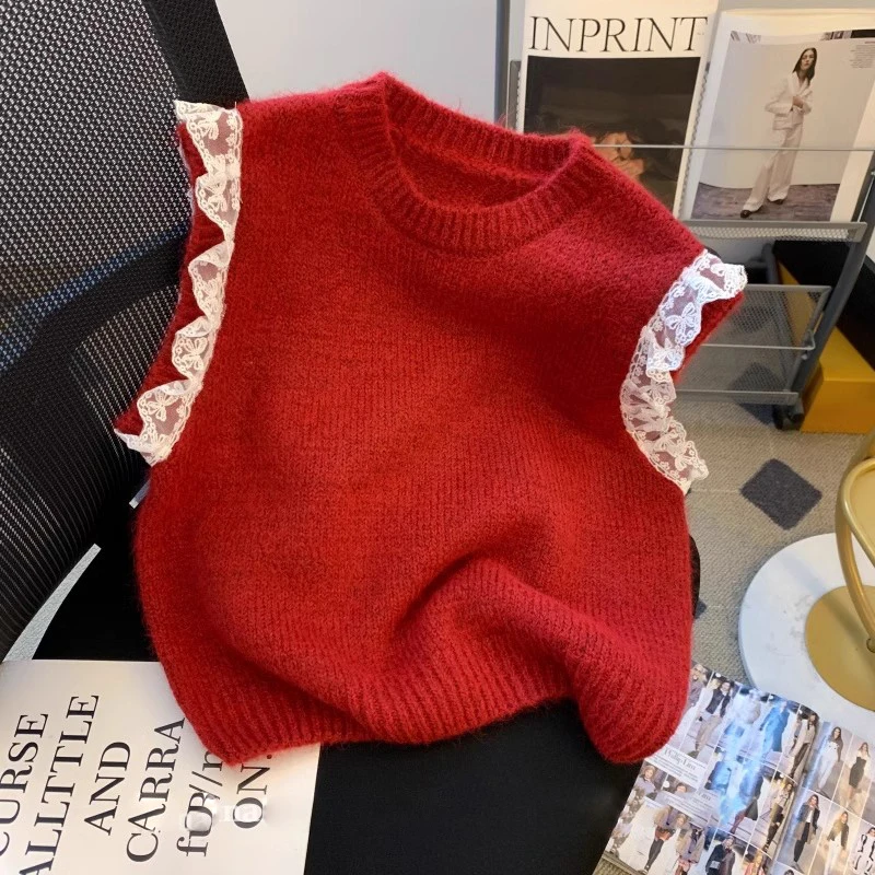 新年本命年红色蕾丝坎肩马甲女春秋冬2025叠穿高级感针织毛衣背心