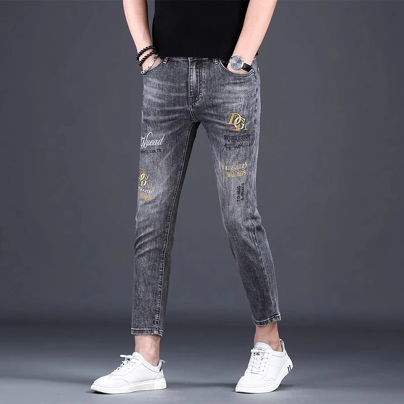 男款弹力牛仔裤男款春夏新款高端刺绣时尚百搭修身小脚九分牛仔裤