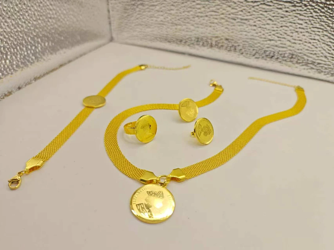 铜合金项链 （圆圈粗款）4件套首饰手链项链耳环金色耳环气质项链