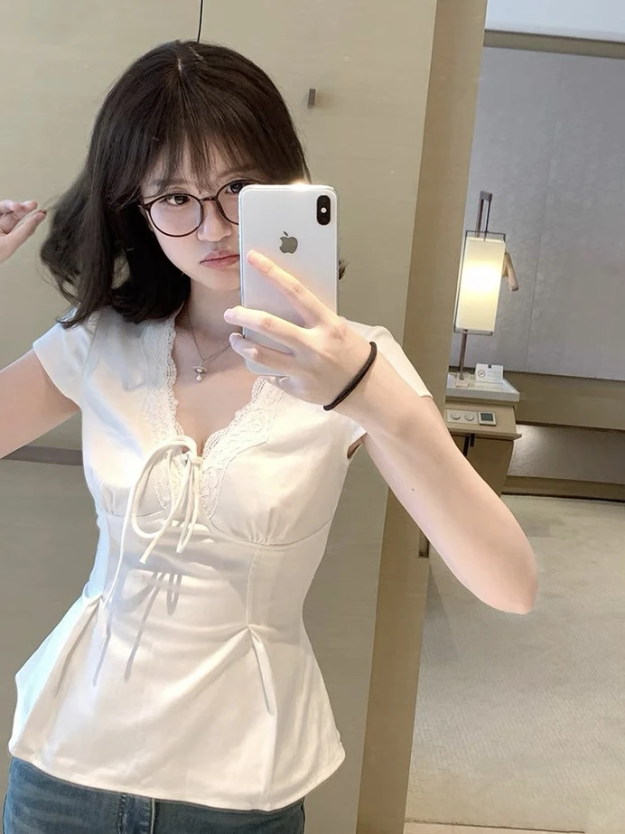 【dd】香草茉莉 蕾丝拼接V领短袖T恤女夏收腰显瘦上衣