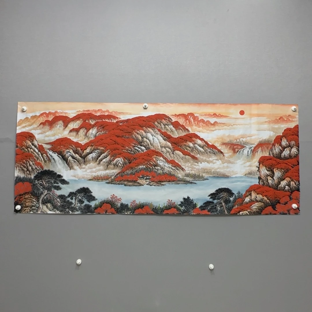 国画横幅六尺精品红山水贾敏