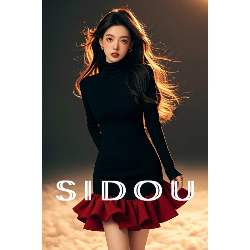 秋冬新款小个子漂亮独特名媛高级感穿搭黑色半高领拼接下摆连衣裙