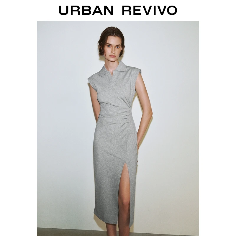 UR2025夏季新款女装简约休闲百搭褶皱开衩连衣裙UWG750091