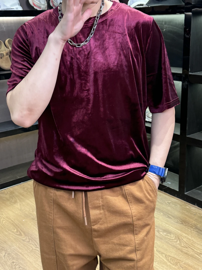 21601-金丝绒冰爽纯色简约宽松复古情侣款短袖T恤