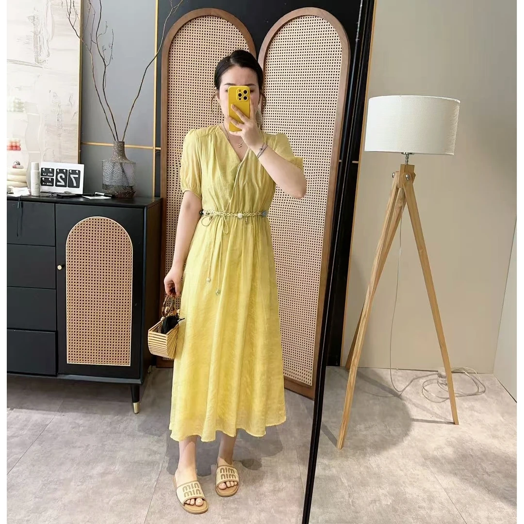 【欧加恋恋】温柔风气质V领时尚收腰显瘦A摆中长款连衣裙 S25052218