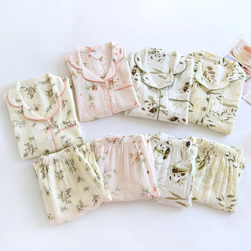 全棉双层纱布睡衣家居服女士春秋长袖长裤套装薄款新款纯棉睡衣