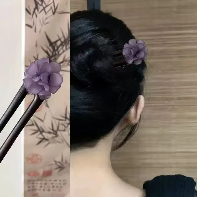 黑檀木鸢尾紫发簪古风盘发簪子紫色U型发簪发钗新中式花朵发饰