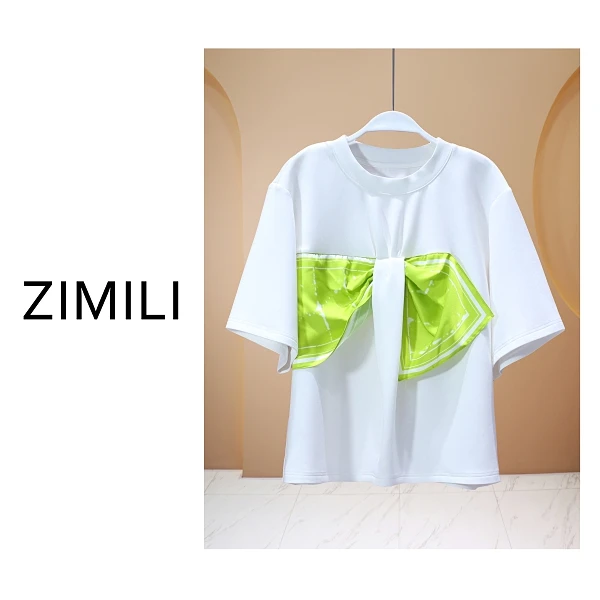 【亮哥女装】2025小众欧版《浮生》白色缎面蝴蝶结休闲高克重短袖8077