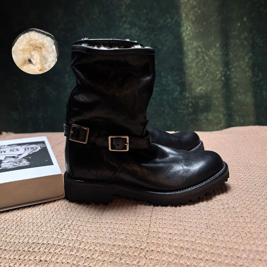 水洗马皮中筒女靴秋冬羊皮毛一体厚底工装靴圆头马丁靴复古骑士靴