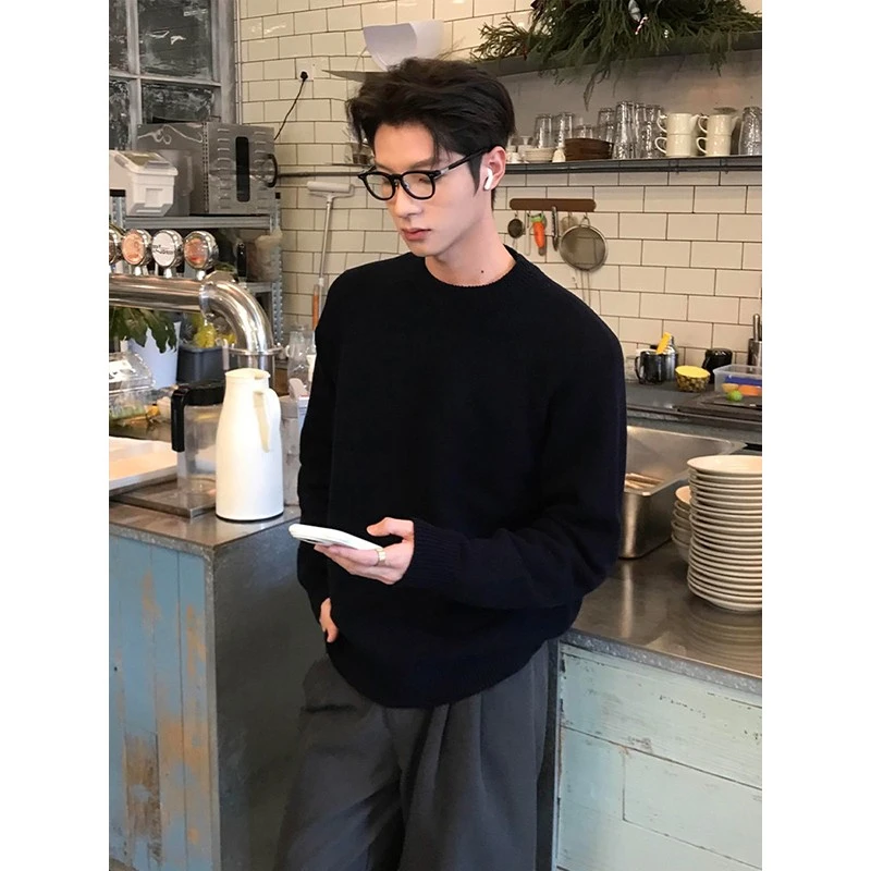 黑色圆领重磅高级感毛衣男秋冬潮流cleanfit休闲针织衫内搭打底衫