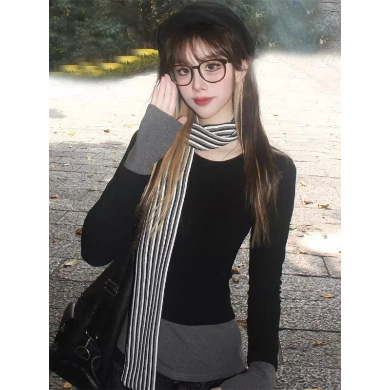 INS带围脖假两件撞色长袖t恤女秋冬打底衫修身收腰独特别致上衣潮