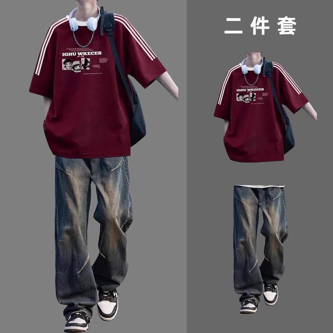 男生帅气穿搭套装夏天美式潮流三条杠短袖t恤男搭配牛仔裤休闲2件