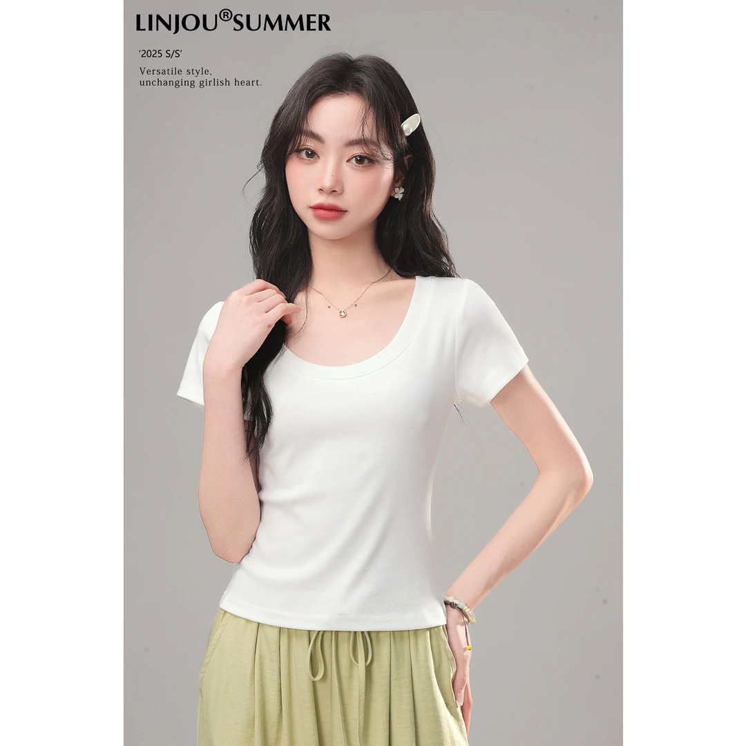 玲玖2025新款正肩修身针织短袖T恤女夏季白色独特超好看单穿上衣