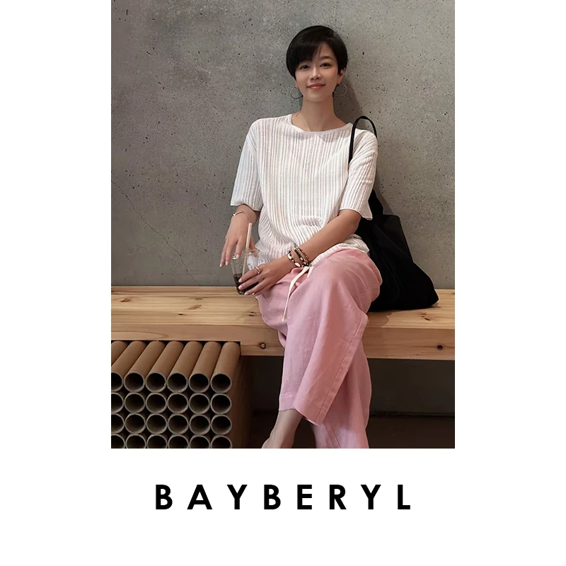 BAYBERYL老贝立体坑条天斯麻清爽圆领夏短袖针织衫ZZS5C0103-5/25