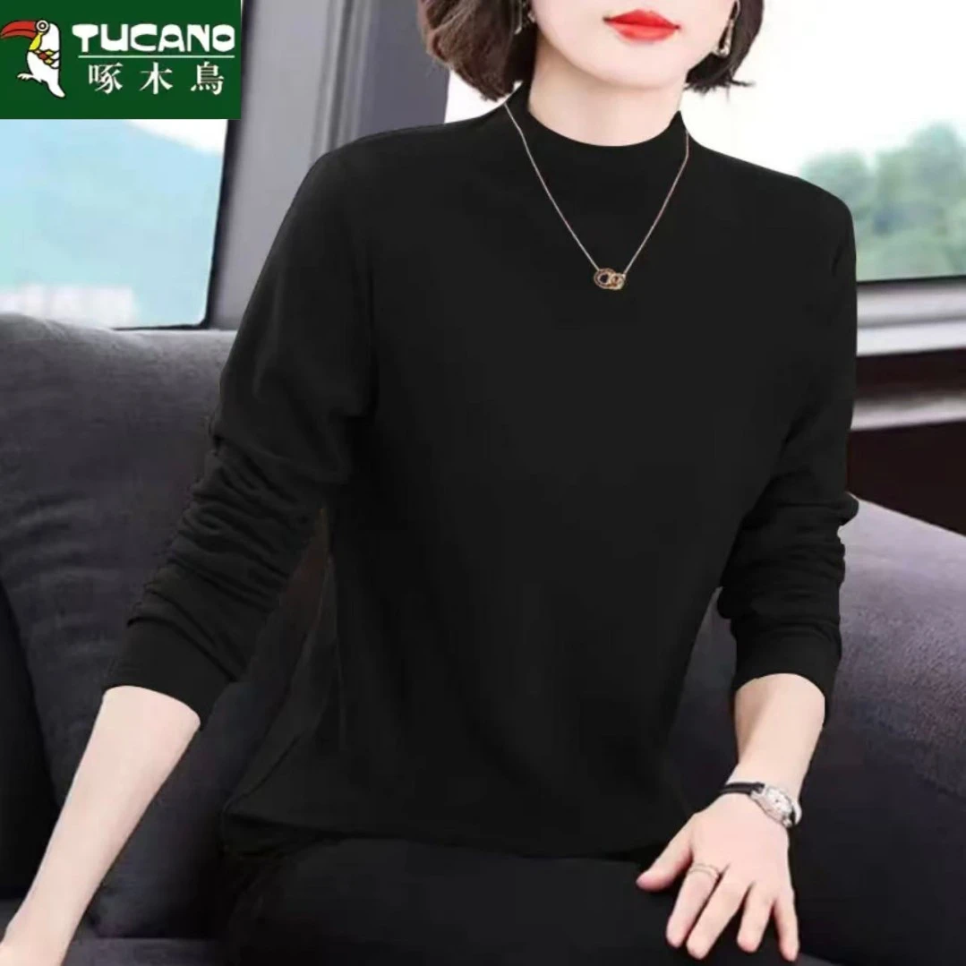 啄木鸟秋冬双面德绒上衣女长袖洋气秋衣半高领女士保暖内搭打底衫