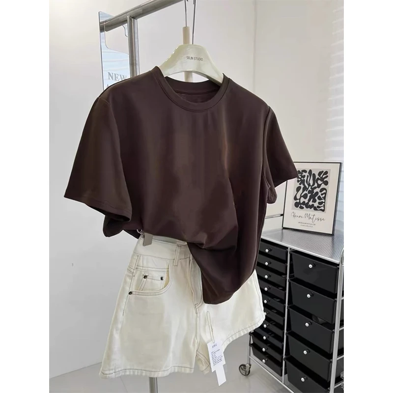ins美式摩卡棕色港风oversize短袖女重磅日系咖啡焦糖色纯棉上衣