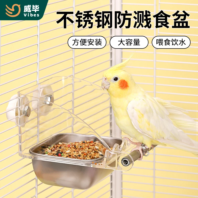 鸟食盒透明亚克力鹦鹉鸟食盆水盆喂食喂鸟器不锈钢碗防撒防甩食碗
