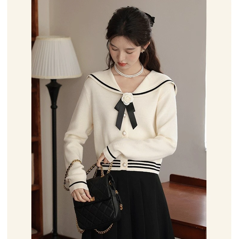 针织衫女款爆款2025新款海军领上衣时尚显瘦开衫百搭毛衣女769