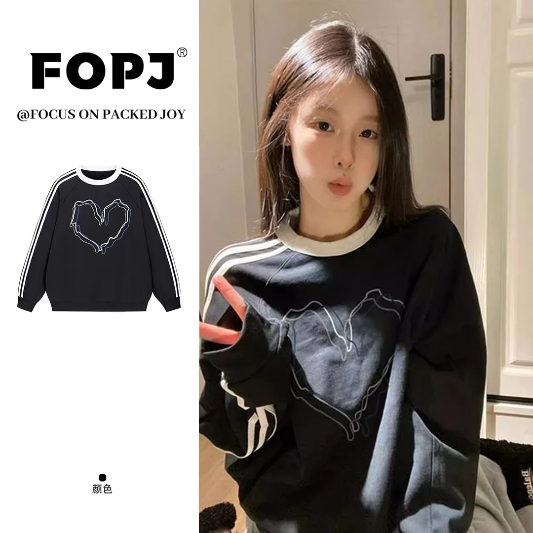 FOPJ美式潮牌印花三杠圆领卫衣女春秋加绒加厚ins宽松慵懒风上衣