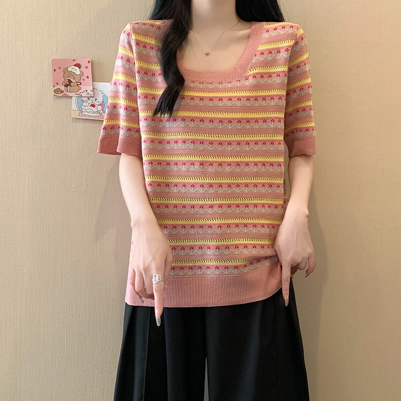 3933大码女装2025夏装新款宽松显瘦针织上衣胖mm百搭冰丝短袖T恤
