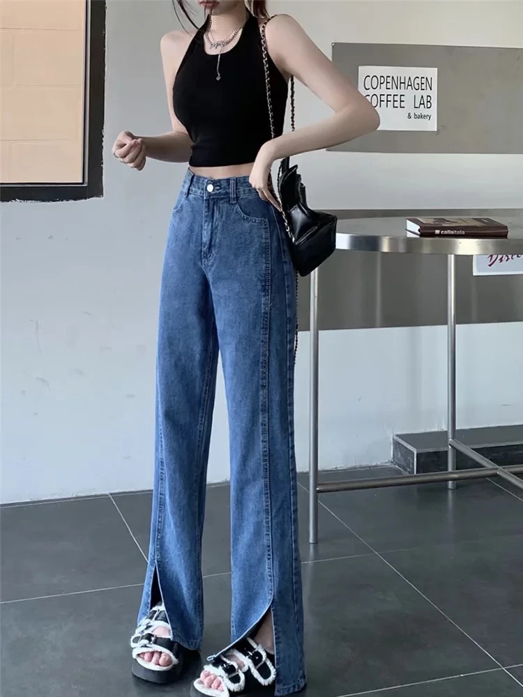 6011 时尚高腰开衩设计款显瘦蓝色百搭牛仔裤（D01）