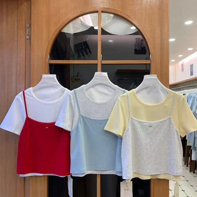 【h.h】胖mm夏季韩版镂空爱心撞色吊带短袖真两件套装通勤显瘦时尚