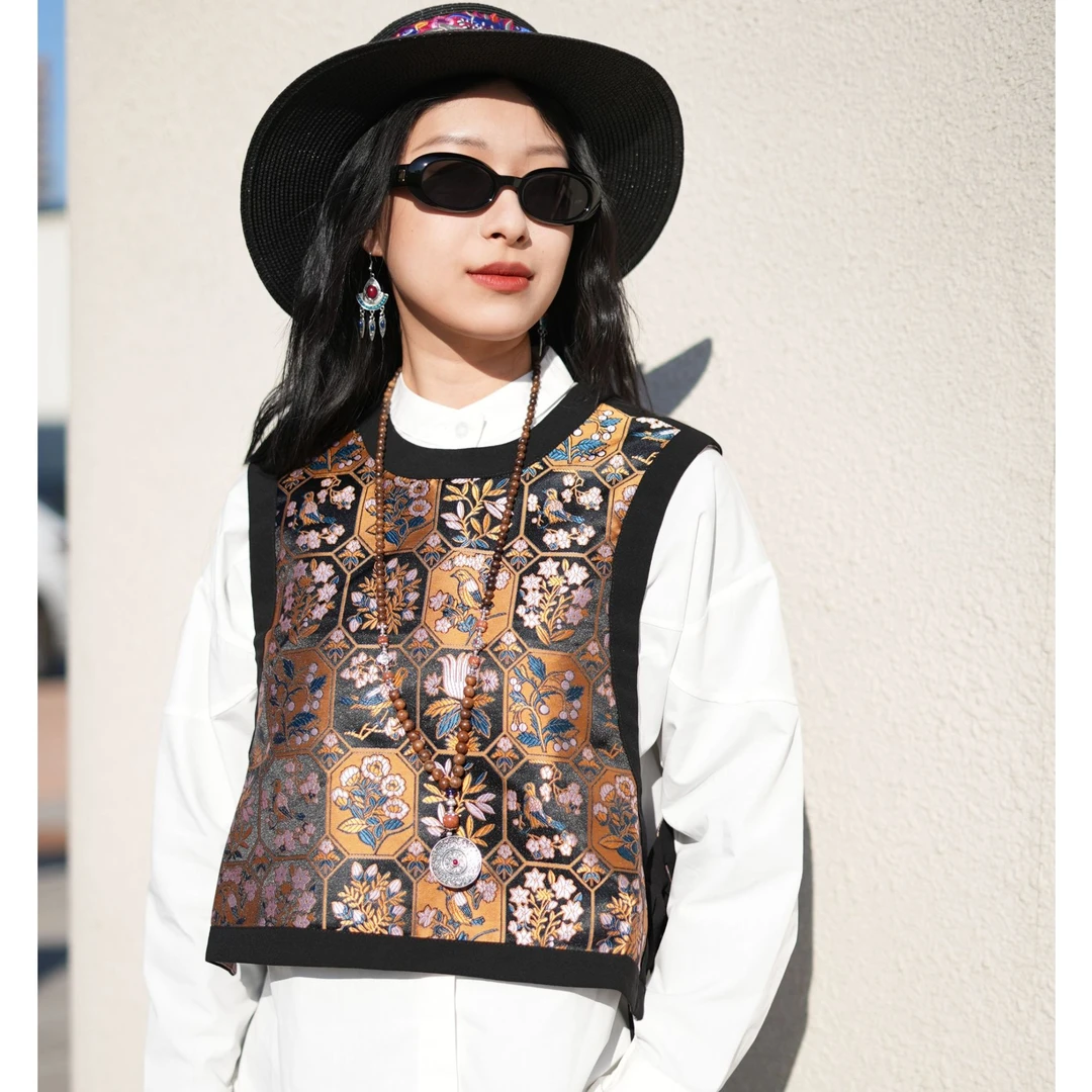 【黄鹂】沐岚珊新中式原创设计老钱风提花织锦锻云肩马甲