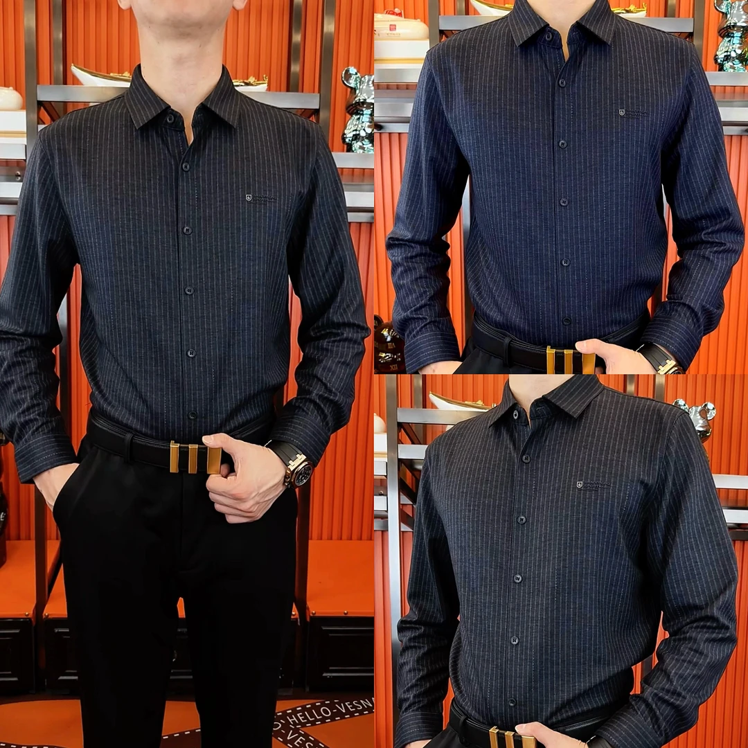 25335发秋季新款四面弹力透气舒适男士条纹衬衫