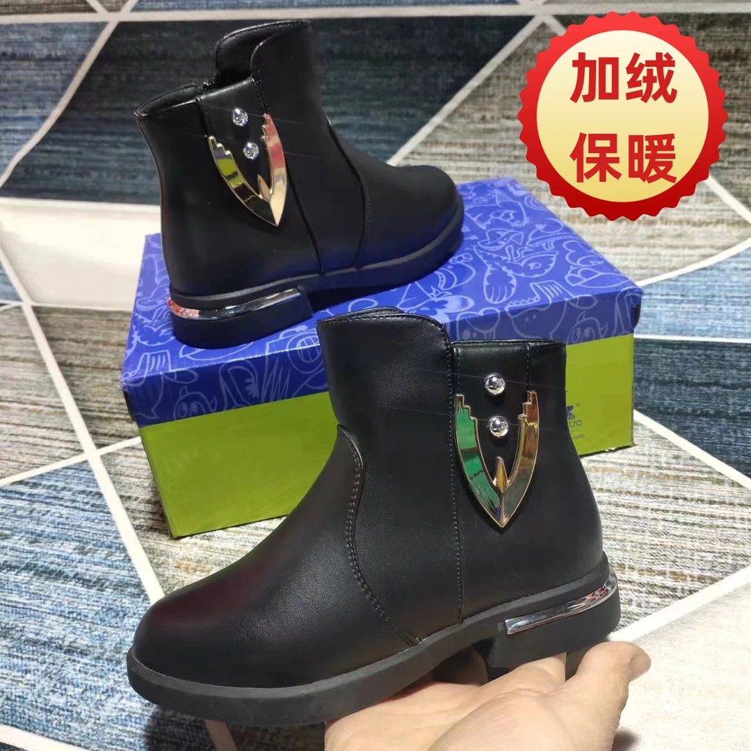加绒短靴圆头平底低跟百搭冬季保暖皮靴时装靴女童潮流马丁靴