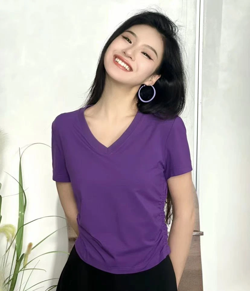 【商场同款】2025新款女装v领压褶遮肉短袖t恤女短款1300888