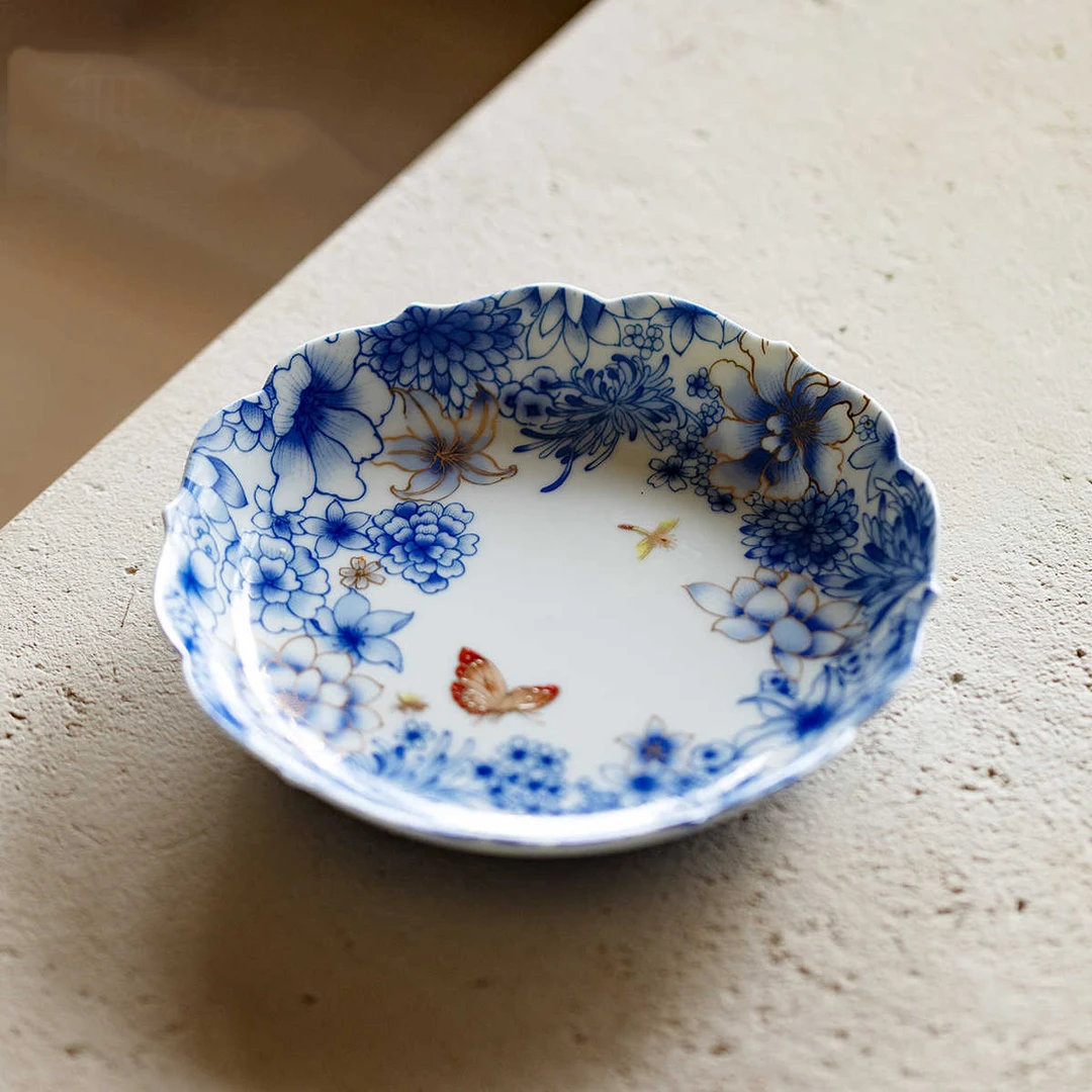 蔓颜高颜值青花蝶恋花壶承高端描金干泡盘家用功夫茶具茶壶托盘
