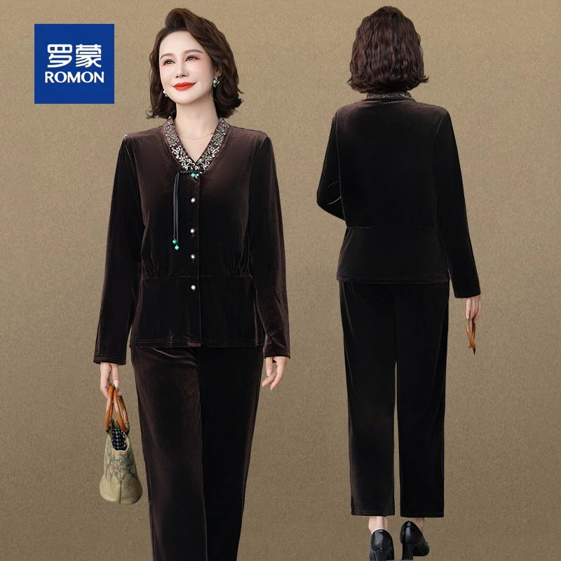 罗蒙妈妈金丝绒套装女大码洋气中老年卫衣春秋贵夫人秋装两件套女