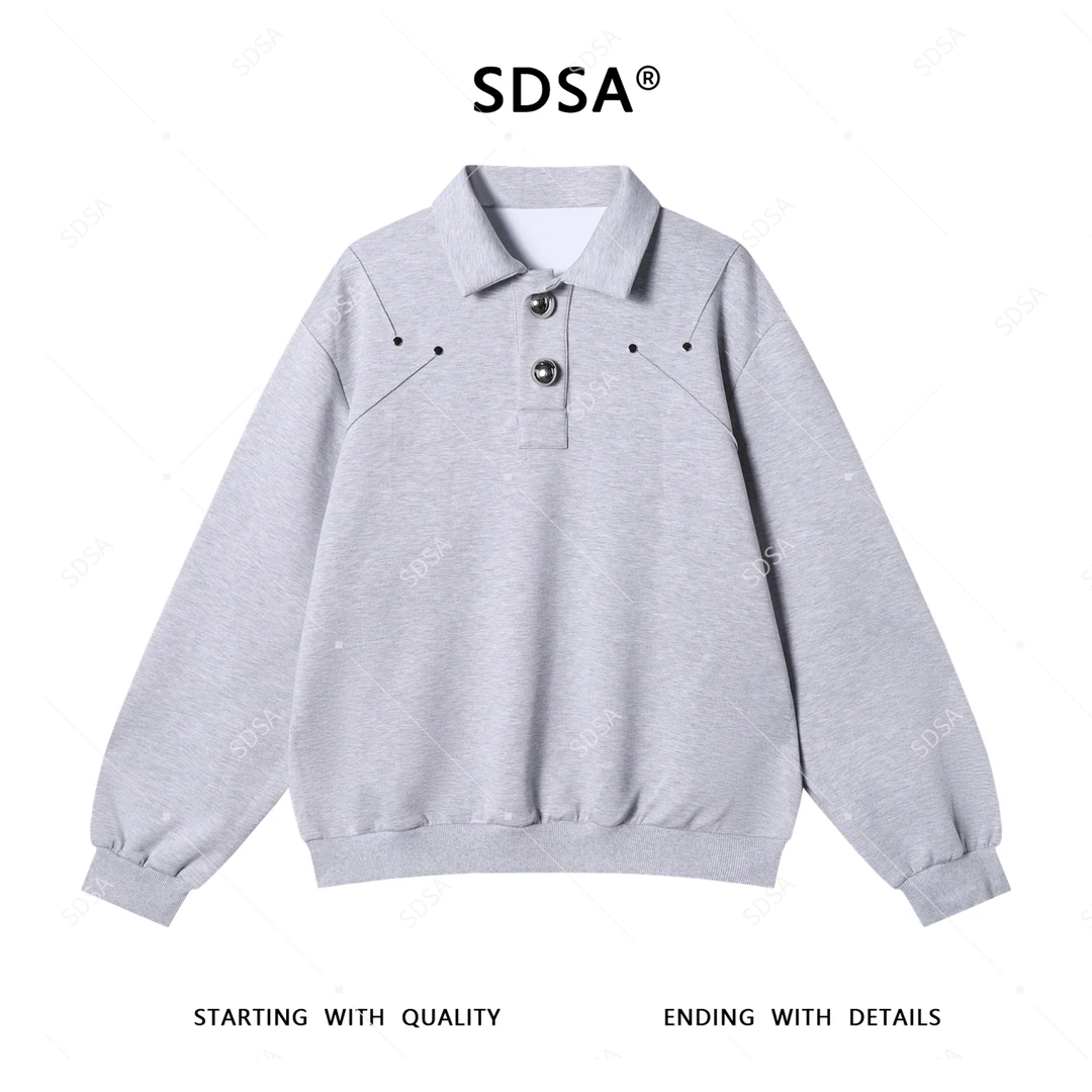 SDSA秋季新款男士痞帅韩系简约纯色铆钉半纽扣翻领卫衣百搭时尚
