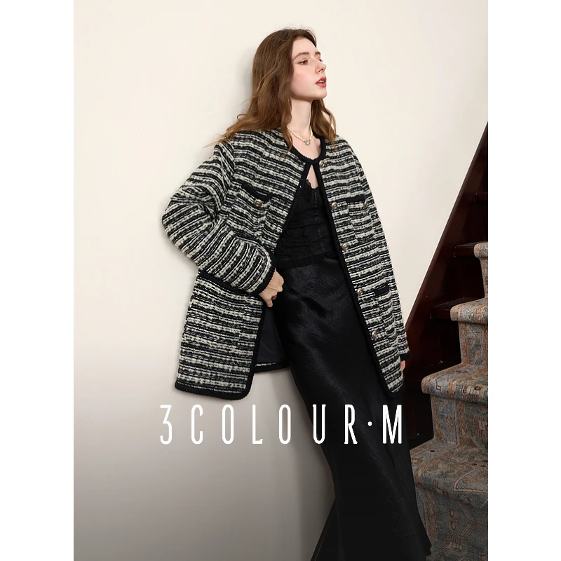 三彩2025春季新款条纹小香风外套圆领宽松落肩袖开衫中长优雅女M