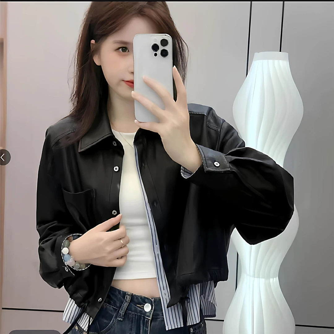 2025春秋季新款女士黑色翻领假两件抽绳皮衣时尚小个子夹克短外套