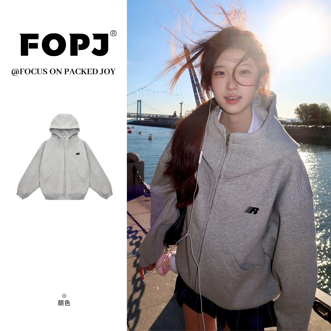 FOPJ美式复古学院风高领连帽开衫卫衣女春秋新款宽松百搭外套上衣