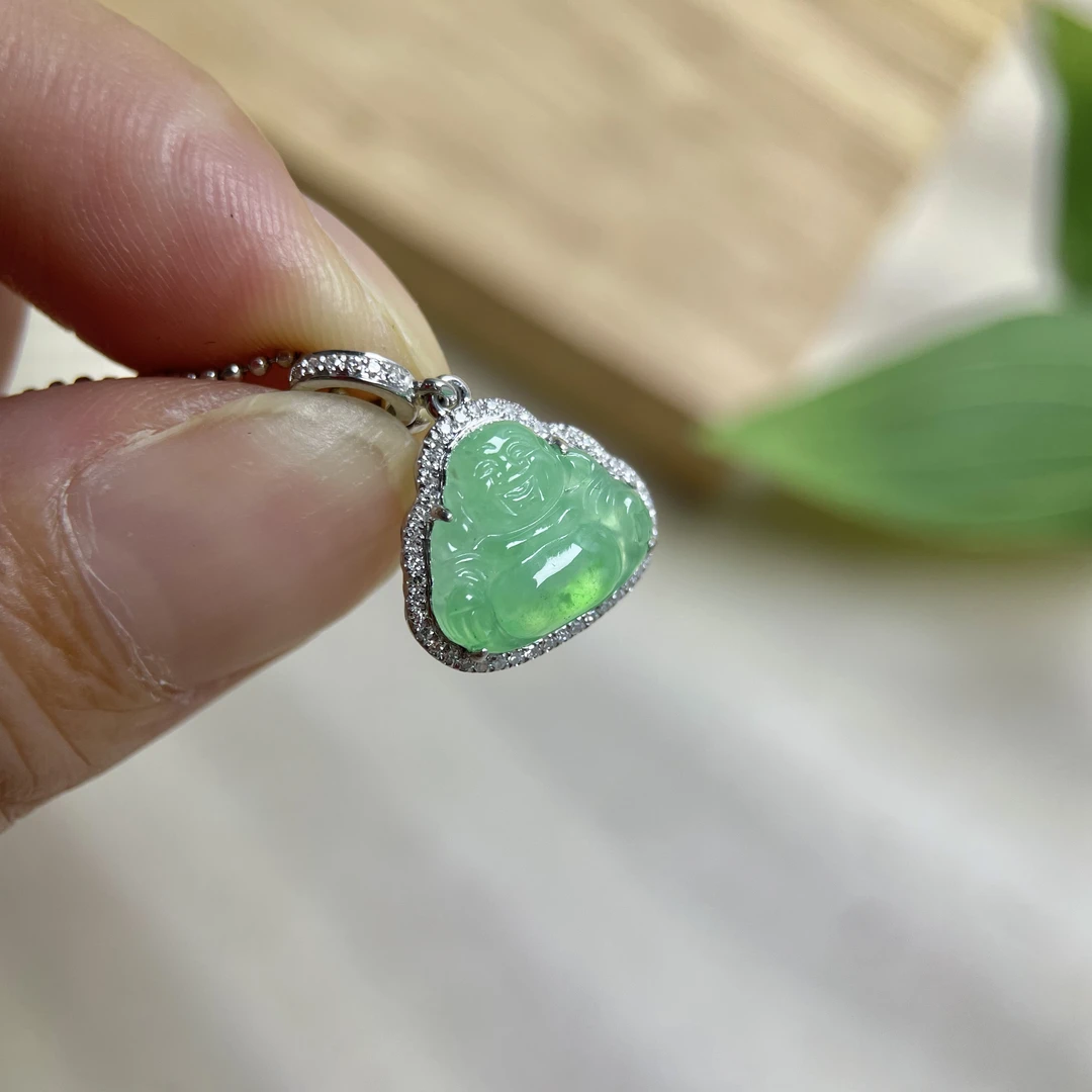 天然A货翡翠高冰种飘花佛公吊坠18k金南非真钻镶嵌项链气质时尚款