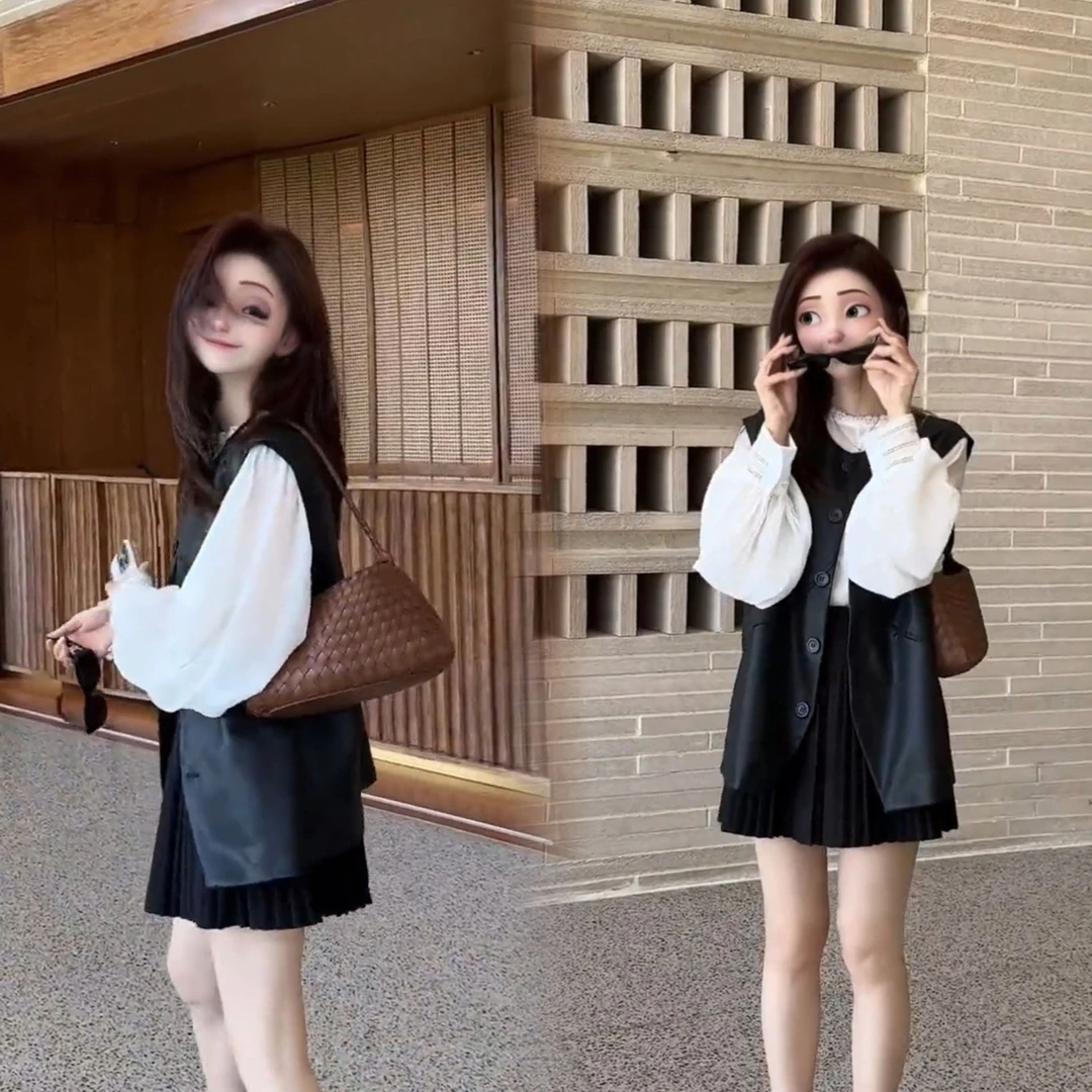 开春穿搭套装2025超火欧货洋气叠穿皮马甲蕾丝边衬衫百褶裙三件套