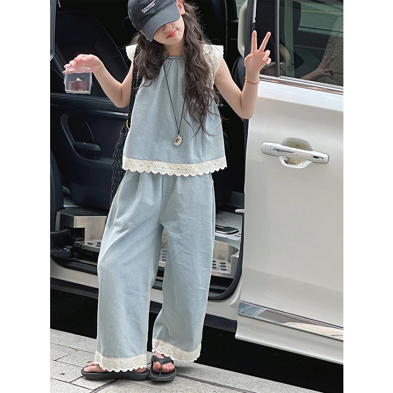 K28946蕾丝花边女童牛仔套装2025新款休闲夏装儿童两件套背心裤子