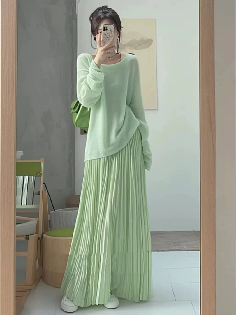 4332+4333一整套初恋清纯奶甜独特漂亮薄荷绿针织百褶裙休闲套装