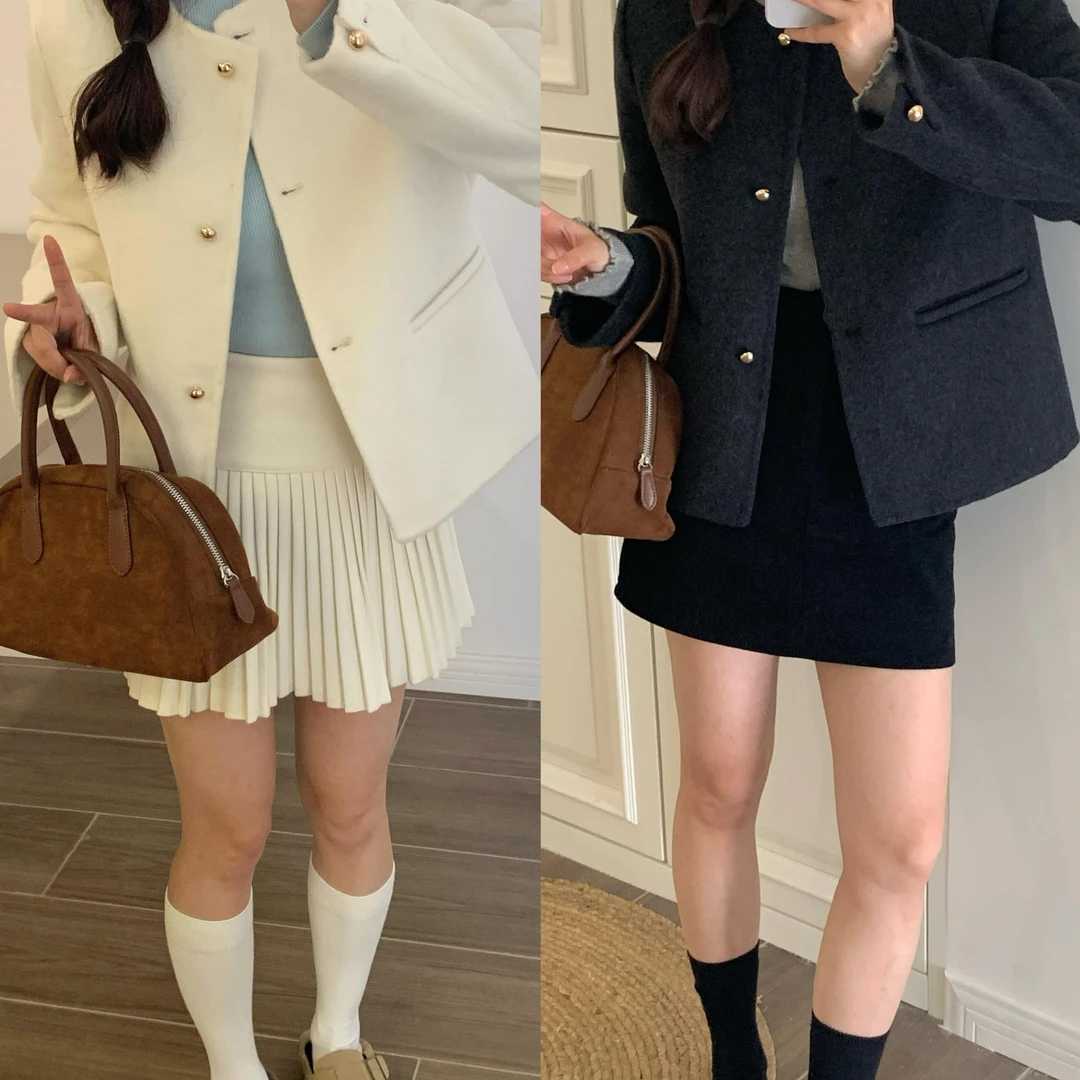 心蓝家 纯色圆领双面呢外套小个子穿搭女显高羊毛大衣上衣小香风