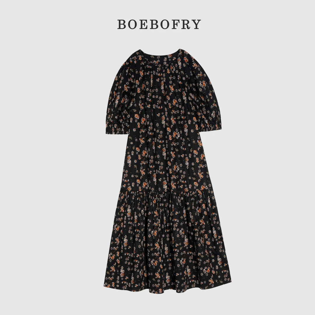 BOEBOFRY<黑色雏菊>圆领法式气质轻奢欧若风宽松连衣裙BE2L0764