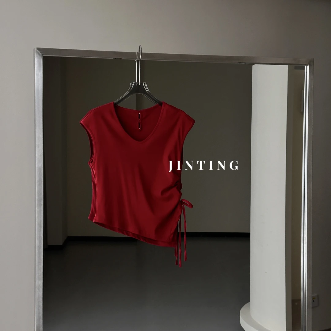 今婷夏季辣妹V领后背镂空不规则侧边抽绳收腰短袖T恤女-M25206433