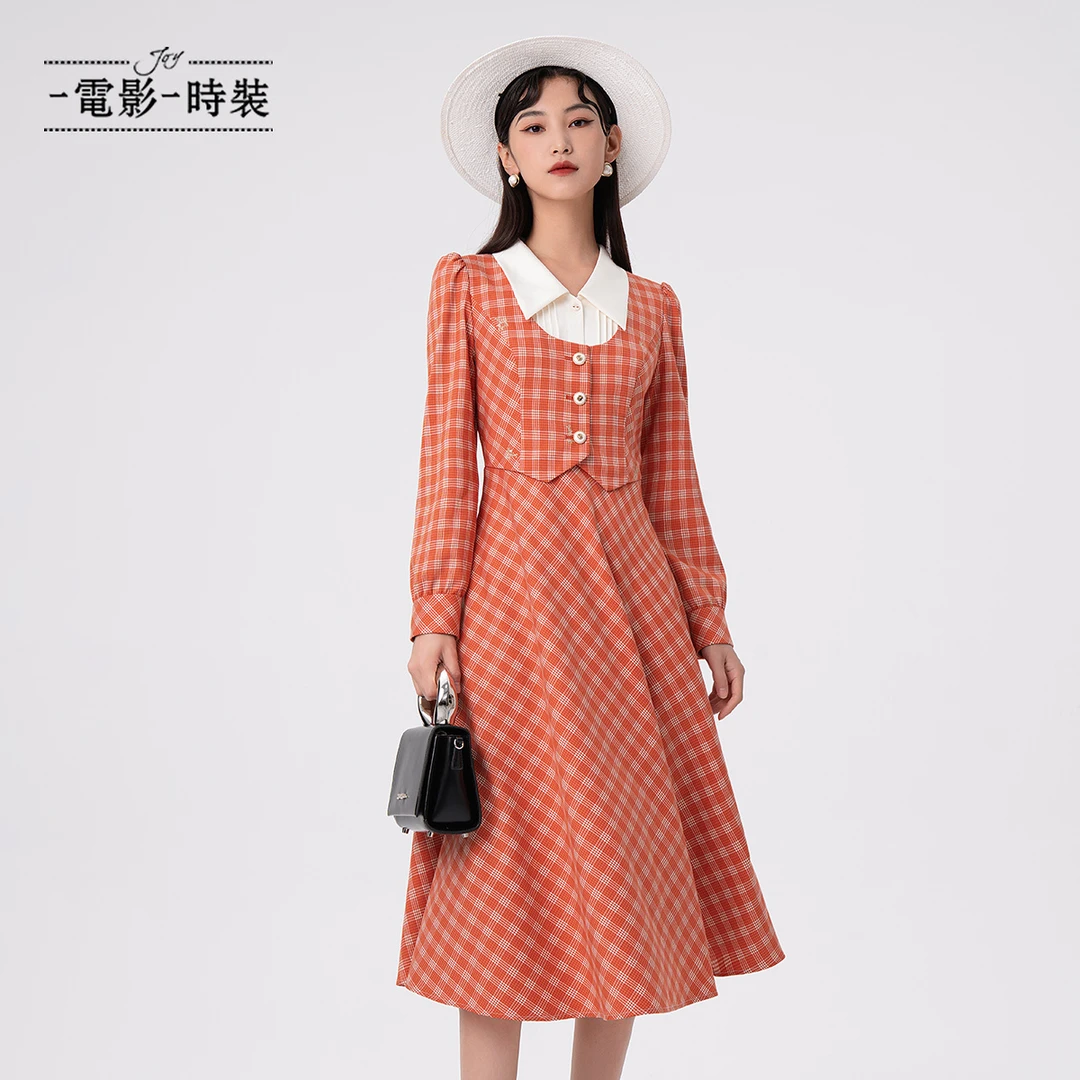 【程钱钱】一电影一时装橘红格假两件连衣裙FFNL112620